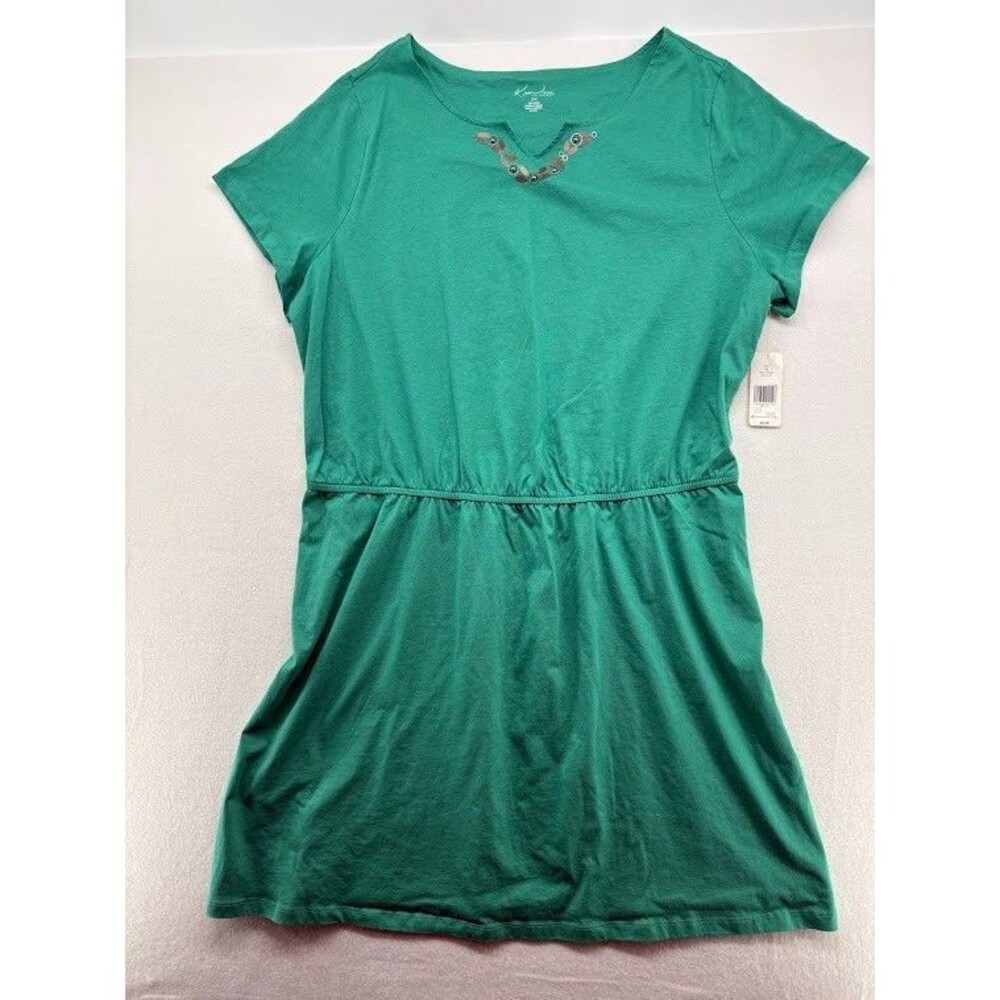 Kim Rogers Women's Knit Dress Cinch Waist Green Size 2X Embellished Neckline NWT